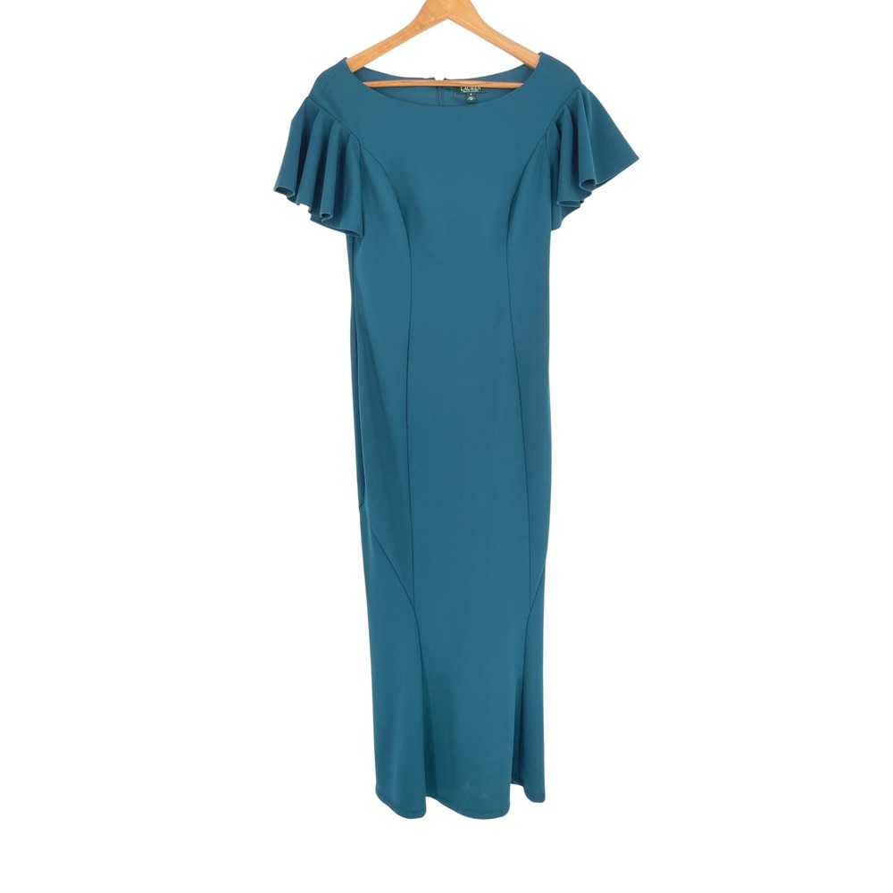 Lauren Ralph Lauren Women Dress 6 Gown Teal Flutter Sleeve Mermaid Lined